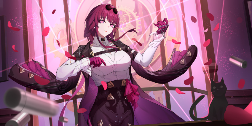 1girl absurdres air_guitar black_cat black_coat black_pants braid breasts cat closed_mouth coat collared_shirt cowboy_shot eyewear_on_head gloves highres honkai:_star_rail honkai_(series) kafka_(honkai:_star_rail) large_breasts long_hair long_sleeves looking_at_viewer no_pupils pants petals purple_eyes red_gloves red_hair shirt solo sunglasses white_shirt yuanqi_qing_gua