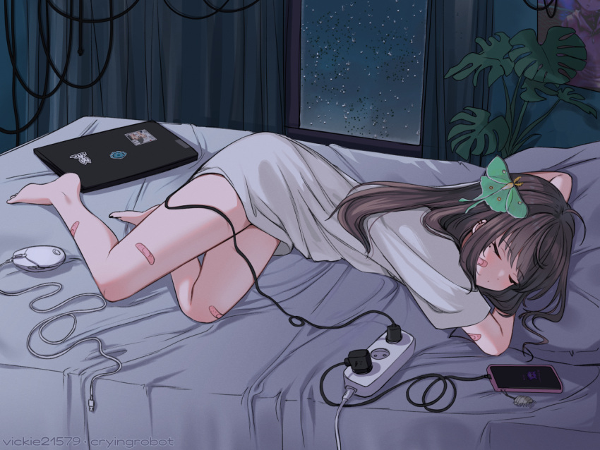 1girl bandage_on_face bandaged_leg bandages barefoot bed brown_hair cellphone closed_eyes electric_plug hair_ornament long_hair mouse_(computer) notebook original phone plug shirt smartphone vickie_(cryingrobot) vickie_(cryingrobot)_(character) white_shirt