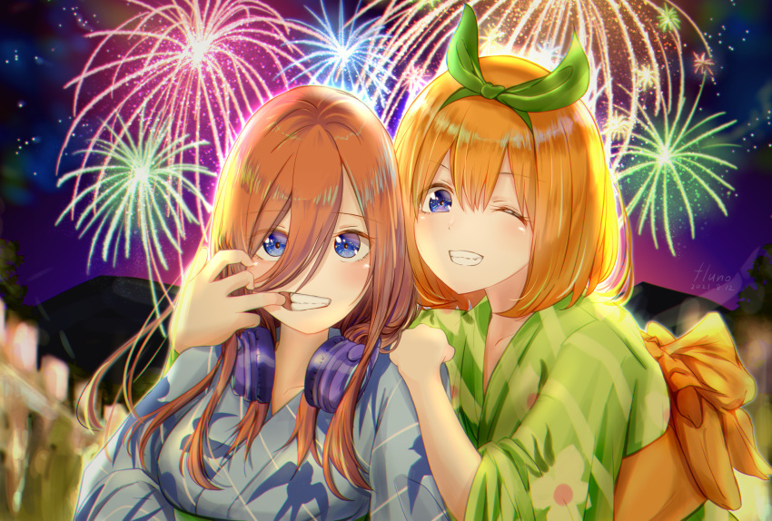 2girls animal_print bird_print blue_eyes blue_kimono brown_hair clenched_teeth festival finger_in_another's_mouth fireworks floral_print fluno go-toubun_no_hanayome green_kimono green_ribbon green_sash grin hair_between_eyes hair_ribbon hand_on_another's_shoulder headphones headphones_around_neck highres japanese_clothes kimono long_hair looking_at_viewer medium_hair multiple_girls nakano_miku nakano_yotsuba night obi one_eye_closed outdoors print_kimono ribbon sash smile teeth upper_body yellow_sash