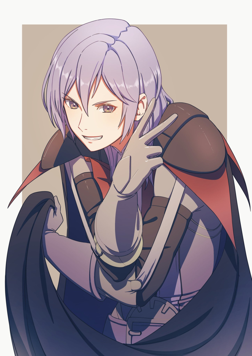 1boy aduti_momoyama armor black_armor black_cape blue_cape brown_eyes cape cape_lift fire_emblem fire_emblem:_three_houses gloves grey_gloves grin hair_between_eyes highres lifted_by_self light_purple_hair long_hair male_focus shoulder_armor smile solo teeth two-tone_cape v yuri_leclerc