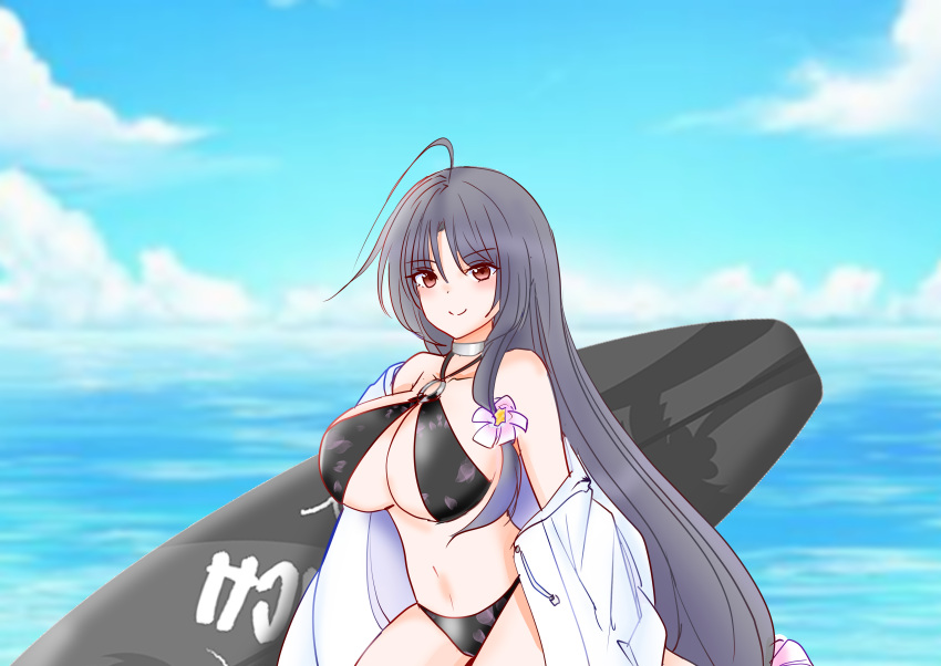 1girl absurdres ahoge bikini black_bikini black_hair blue_sky breasts brown_eyes choker cloud day highres hood hooded_jacket horizon jacket kantai_collection large_breasts long_hair low-tied_long_hair o-ring o-ring_bikini ocean outdoors pretzel_bikini shouhou-san_daisuki_teitoku shouhou_(kancolle) sky solo surfboard swimsuit white_choker white_jacket