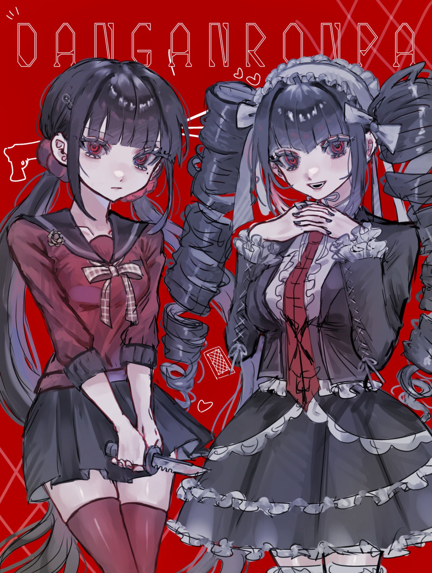 2girls :d black_hair black_jacket black_nails black_sailor_collar black_skirt breasts celestia_ludenberg center_frills closed_mouth copyright_name danganronpa:_trigger_happy_havoc danganronpa_(series) danganronpa_v3:_killing_harmony drill_hair earrings frilled_skirt frills grey_shirt hair_ornament hairclip harukawa_maki highres holding holding_knife jacket jewelry knife layered_skirt long_sleeves low_twintails miniskirt mole mole_under_eye multiple_girls nail_polish necktie ohn_(hiyu194) open_clothes open_jacket own_hands_together print_necktie red_background red_eyes red_necktie red_scrunchie red_shirt red_thighhighs sailor_collar scrunchie shiny_clothes shiny_skin shirt skirt small_breasts smile teeth thighhighs twin_drills twintails zettai_ryouiki