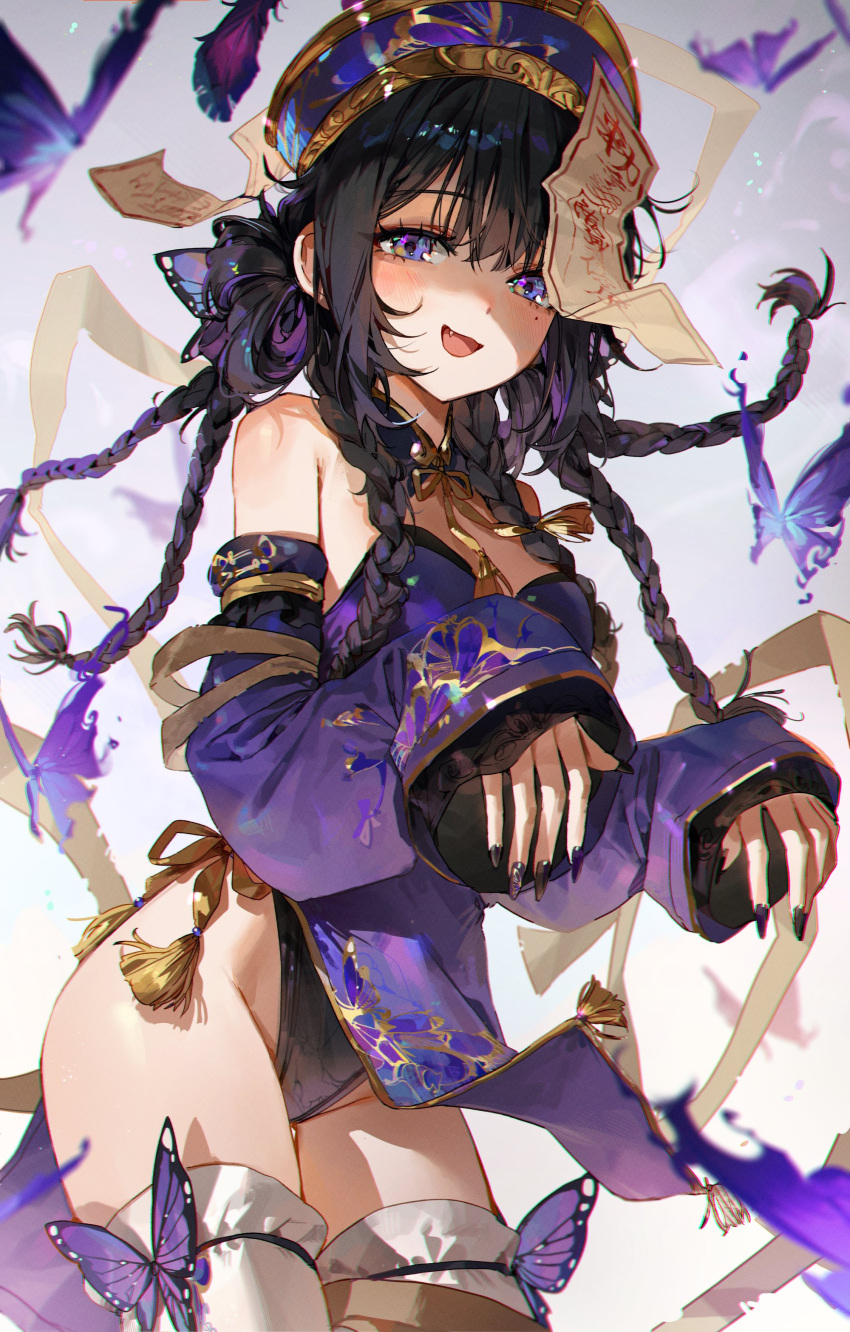 1girl absurdres bare_shoulders black_hair blue_eyes blush braid breasts bug butterfly detached_sleeves fang fingernails hair_ornament hat highres jiangshi jiangshi_costume kellymonica02 leotard leotard_under_clothes long_fingernails long_hair long_sleeves looking_at_viewer mole mole_under_eye multiple_braids nail_polish ofuda open_mouth original outstretched_arms purple_hair qing_guanmao smile solo thighhighs thighs zombie_pose