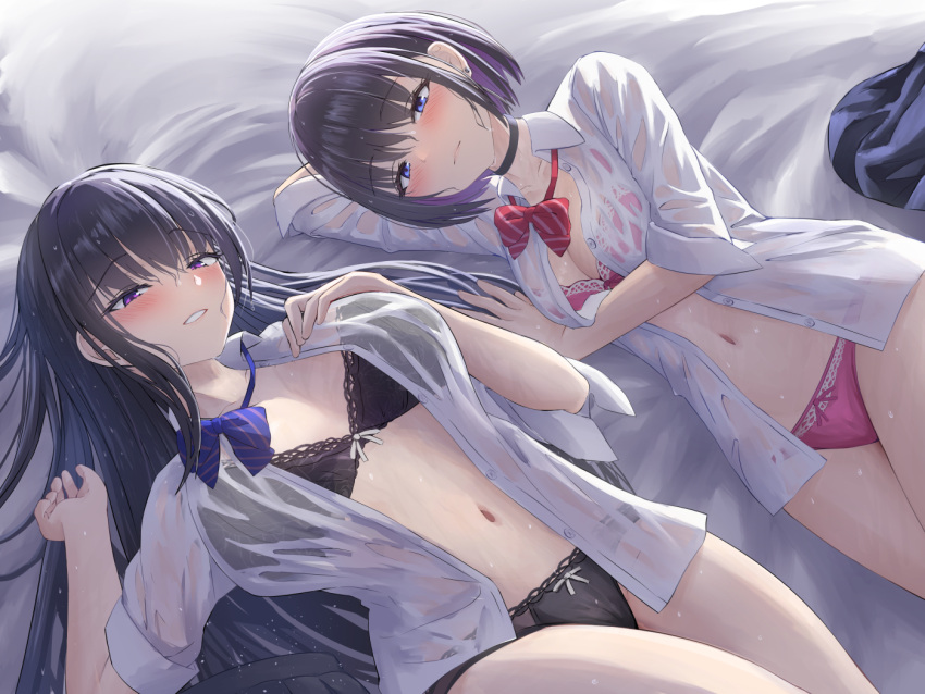 2girls black_bra black_hair black_panties blush bow bowtie bra breasts choker cleavage collared_shirt grin large_breasts long_hair long_sleeves looking_at_viewer lying medium_breasts multiple_girls navel open_clothes open_shirt original panties pink_bra pink_panties purple_eyes shirt short_hair silver_bullet_(ecc12_8) smile thighs underwear white_shirt