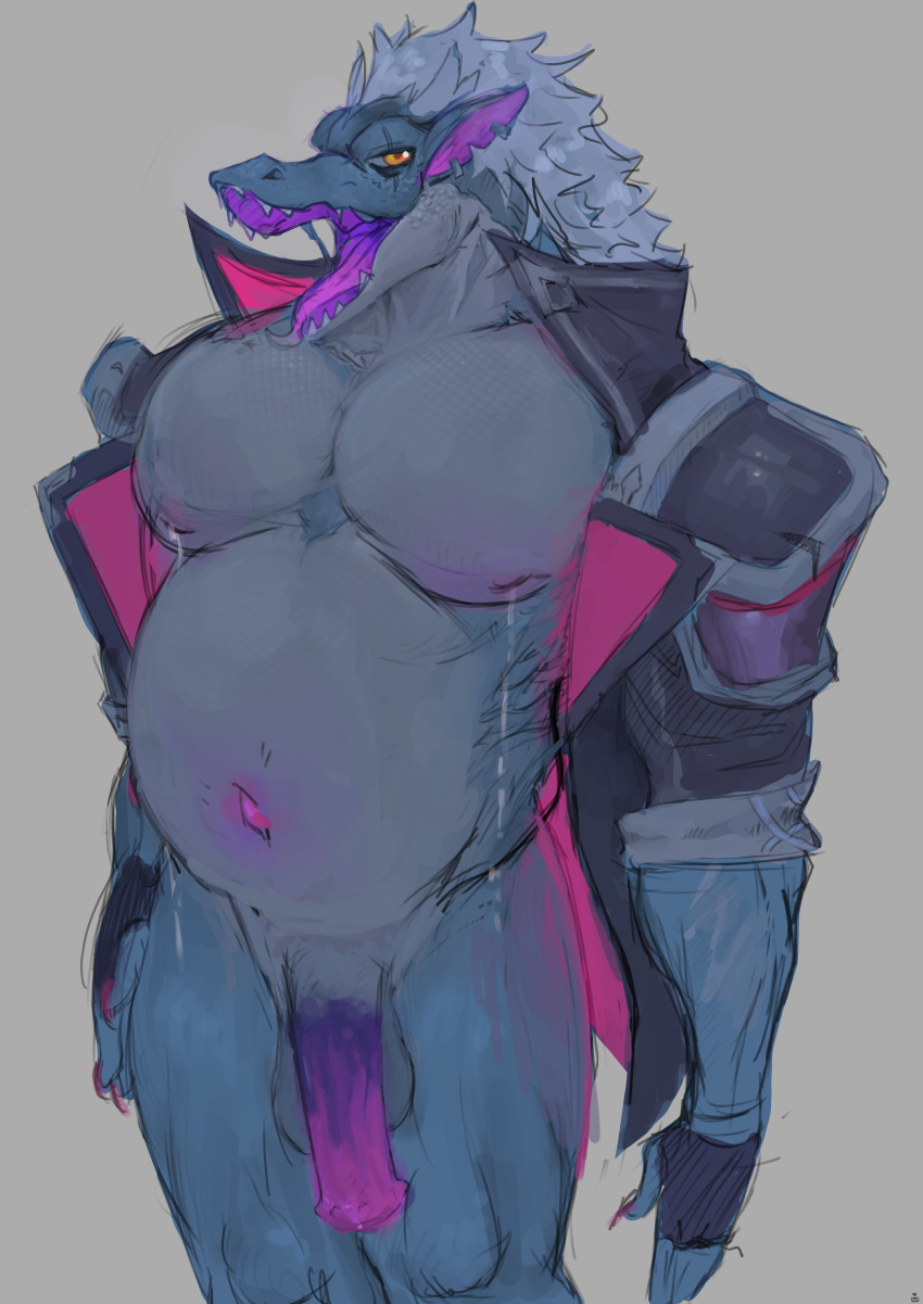 absurd_res anthro balls belly belly_blush big_belly big_moobs big_pecs blue_body blush bodily_fluids body_blush colored_nails drek'ar_(omega_strikers) ear_piercing eye_scar facial_scar fur genitals hi_res humanoid jacket_only lactating male male_lactation moobs mostly_nude multicolored_body multicolored_penis muscular nails nipple_blush pecs penis piercing pregnant pregnant_male scar sightsear solo tongue tongue_out unusual_anatomy unusual_genitalia unusual_penis white_body white_fur wide_hips