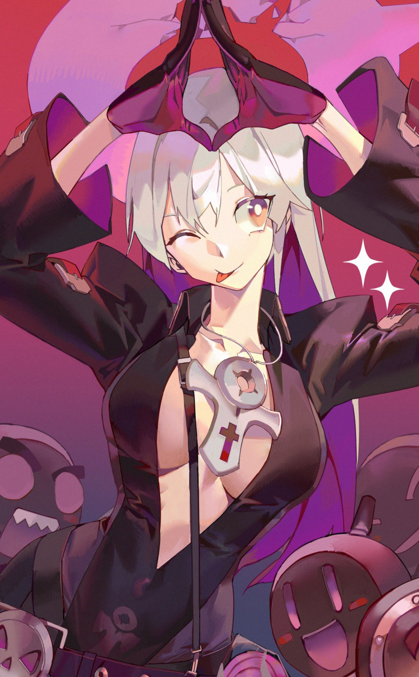 1girl alternate_color ankh_necklace arms_up between_breasts black_bodysuit bodysuit breasts center_opening cleavage cleavage_cutout clothing_cutout collarbone compass_rose_halo cross cross_necklace guilty_gear guilty_gear_strive hair_between_eyes halo highres jack-o'_valentine jewelry large_breasts long_hair long_sleeves multicolored_hair necklace one_eye_closed own_hands_together purple_hair solo sparkle tongue tongue_out two-tone_hair white_hair xu_sanchuan