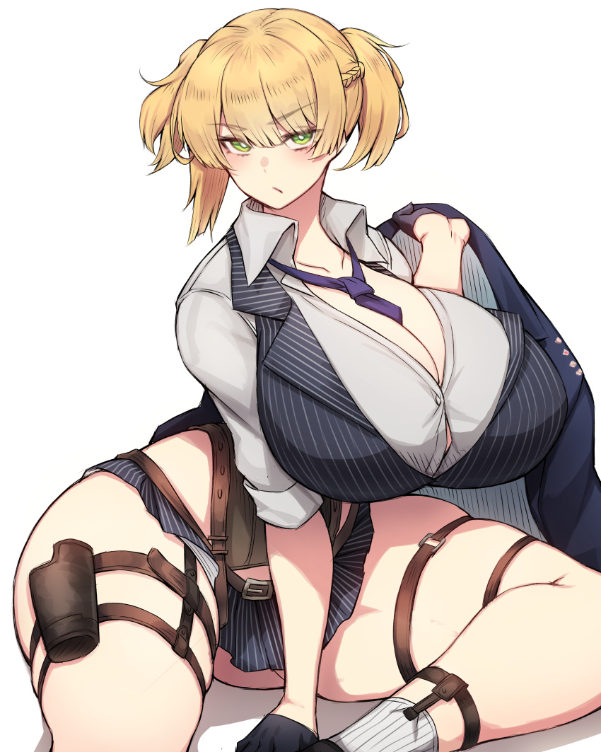1girl absurdres alternate_breast_size between_breasts black_gloves blonde_hair breasts cleavage collarbone collared_shirt commentary_request commission curvy girls'_frontline gloves green_eyes grey_shirt hair_over_eyes half_gloves highres holding holding_clothes holding_jacket holster huge_breasts jacket looking_at_viewer miniskirt necktie necktie_between_breasts pinstripe_pattern pinstripe_skirt pinstripe_vest pixiv_commission purple_necktie rikuguma shirt simple_background sitting skirt sleeves_rolled_up socks solo striped thick_thighs thigh_holster thigh_strap thighs twintails vest welrod_mkii_(girls'_frontline) white_background white_socks