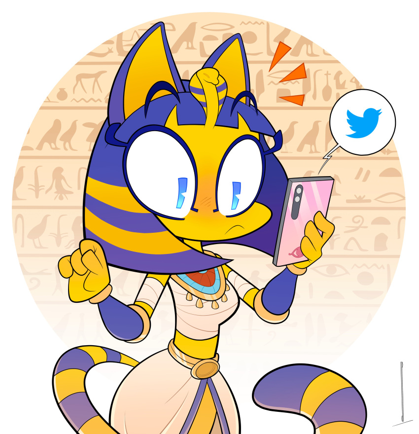 1girl absurdres animal_crossing ankh ankha_(animal_crossing) blue_eyes blush bob_cut body_fur cat_girl cat_tail colored_skin commentary crop_top egyptian_clothes english_commentary furry furry_female hair_ornament hieroglyphics highres madcosmos midriff snake_hair_ornament solo striped_tail tail twitter_logo uraeus usekh_collar yellow_fur yellow_skin