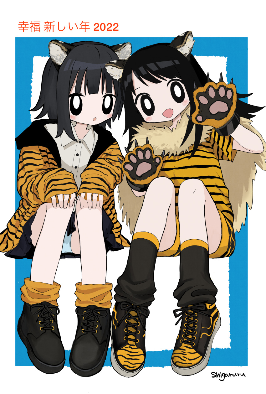 2022 2girls :o absurdres animal_ears animal_hands animal_print black_footwear black_skirt black_socks blue_panties border bright_pupils buttons cape chinese_zodiac claw_pose collared_shirt commentary_request fake_animal_ears full_body fur_cape gloves hands_on_own_knees highres invisible_chair jacket leaning_to_the_side light_blush long_hair looking_at_viewer loose_socks multiple_girls new_year open_clothes open_jacket open_mouth orange_socks original outside_border panties pantyshot paw_gloves print_footwear print_jacket print_shirt print_shorts shii595 shirt shoes short_hair short_sleeves shorts signature sitting skirt sleeves_past_wrists smile sneakers socks tiger_ears tiger_print translation_request underwear white_border white_pupils white_shirt year_of_the_tiger