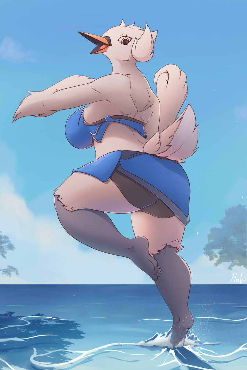 absurd_res anatid anseriform anserinae anthro avian beach bird clothing feet female game_freak generation_5_pokemon halu hi_res looking_back nintendo pokemon pokemon_(species) seaside solo swan swanna swimwear tail water