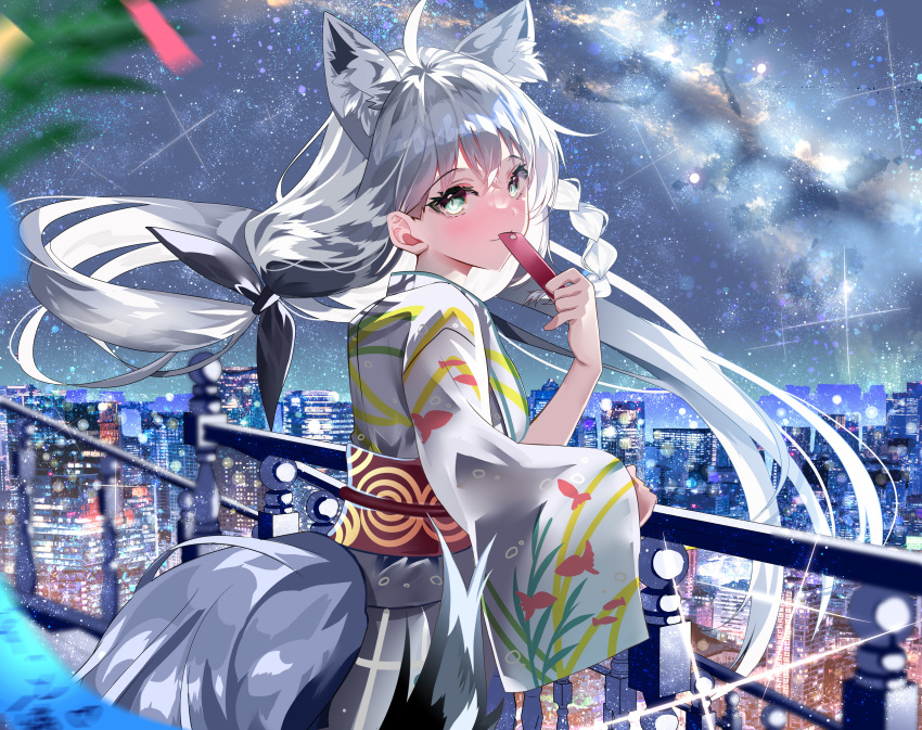 1girl absurdres ahoge animal_ear_fluff animal_ears animal_print black_bow blush bow braid commentary_request extra_ears fish_print floating_hair fox_ears fox_girl fox_tail green_eyes hair_between_eyes hair_bow highres holding_tanzaku hololive japanese_clothes kimono long_hair looking_at_viewer looking_back milky_way night obi sash shirakami_fubuki sho_(runatic_moon) sidelocks single_braid skyline solo star_(sky) tail tanabata tanzaku virtual_youtuber white_hair white_kimono