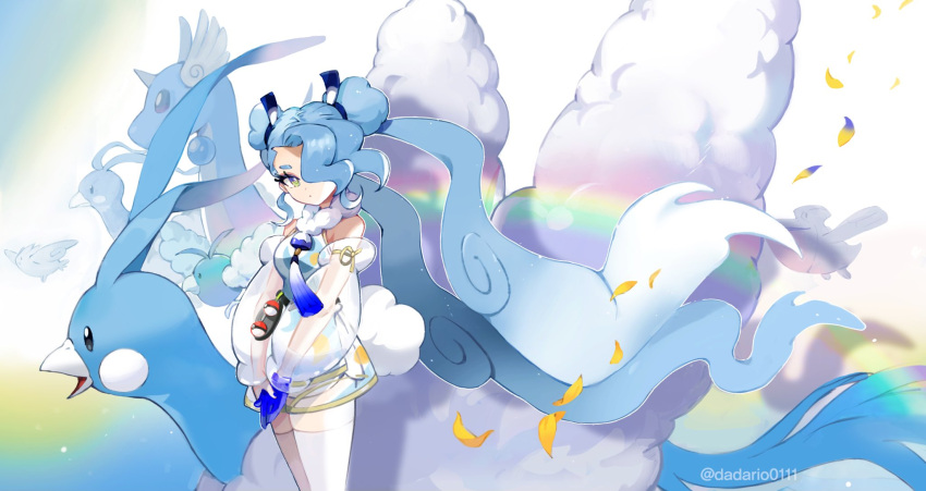 1girl altaria blue_gloves blue_hair dadario detached_sleeves double_bun dragon dragonair flying_miku_(project_voltage) gloves gradient_hair hair_bun hair_over_one_eye hatsune_miku highres long_hair looking_at_viewer multicolored_eyes multicolored_hair pelipper petals poke_ball pokemon pokemon_(creature) project_voltage see-through see-through_shorts see-through_sleeves single_glove swablu thighhighs togekiss twintails very_long_hair vocaloid white_thighhighs wind_chime