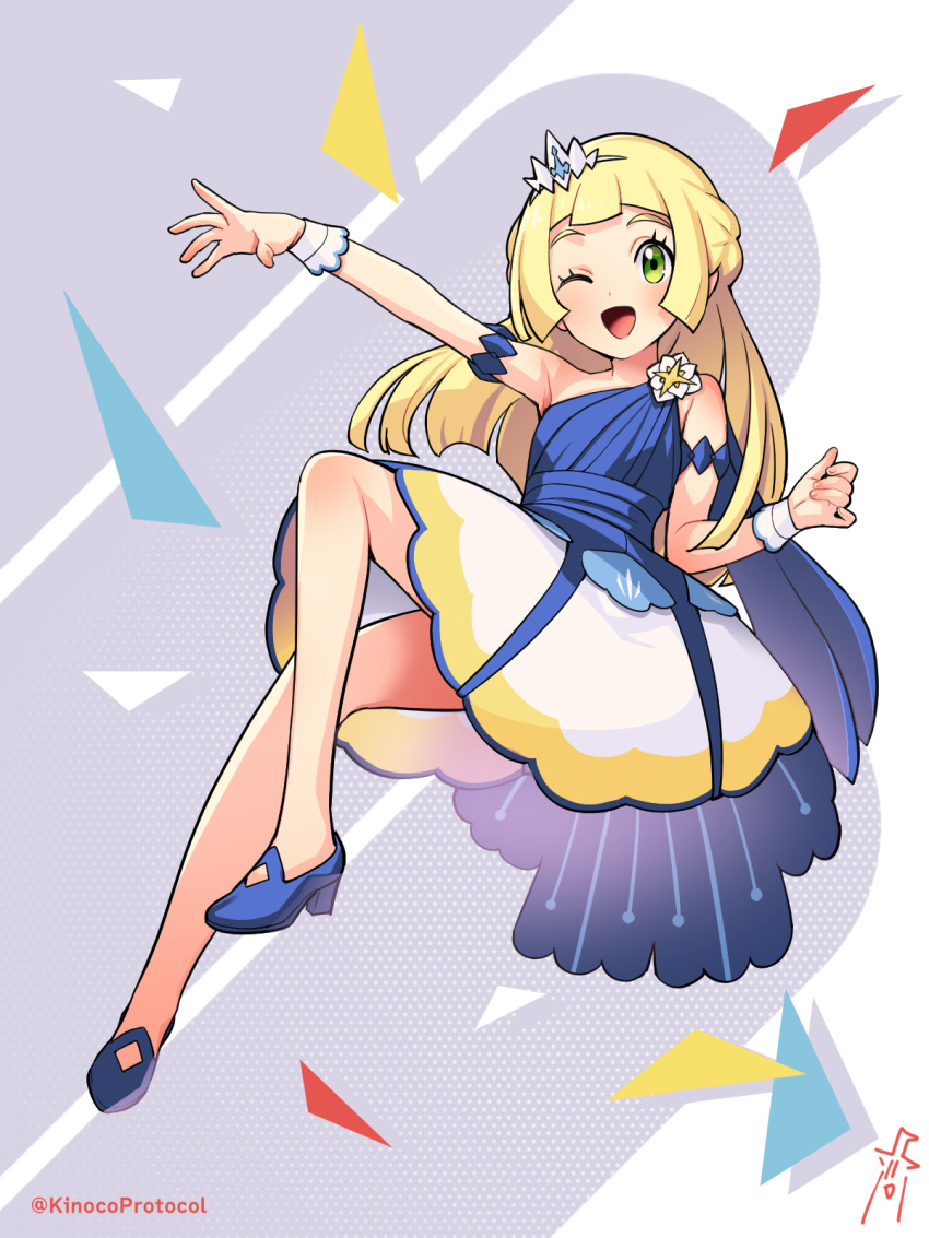 1girl ;d armlet blonde_hair blue_footwear blue_shirt blunt_bangs blush commentary_request cosplay eyelashes flower full_body green_eyes grey_background high_heels highres kinocopro lillie_(pokemon) long_hair one_eye_closed open_mouth outstretched_arm pokemon pokemon_(game) pokemon_masters_ex pokemon_sm serena_(champion)_(pokemon) serena_(pokemon) serena_(pokemon)_(cosplay) shirt skirt sleeveless sleeveless_shirt smile solo tiara tongue twitter_username watermark white_flower white_skirt wrist_cuffs