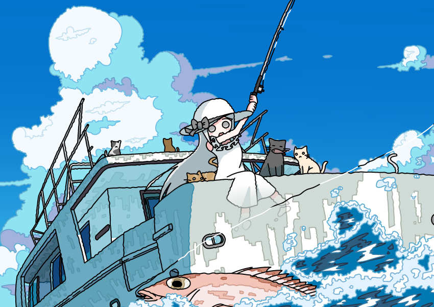1girl absurdres arms_up bare_arms blue_sky boat bow cat cloud contrail cumulonimbus_cloud day dress emesan_desu fish fishing fishing_rod frills hat hat_bow hat_ribbon highres long_hair ocean original outdoors ribbon scenery sitting sky solo sun_hat sundress water watercraft waves white_dress white_hair yacht