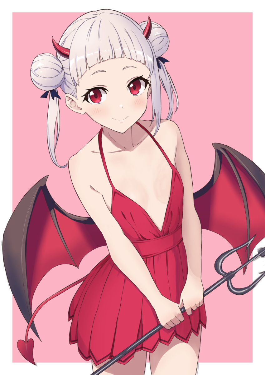 1girl arashi_chisato breasts closed_mouth collarbone demon_girl demon_horns demon_tail demon_wings double_bun dress hair_bun highres horns long_hair looking_at_viewer love_live! love_live!_superstar!! red_dress small_breasts smile solo tail white_hair wings yutou_(u_too_p)