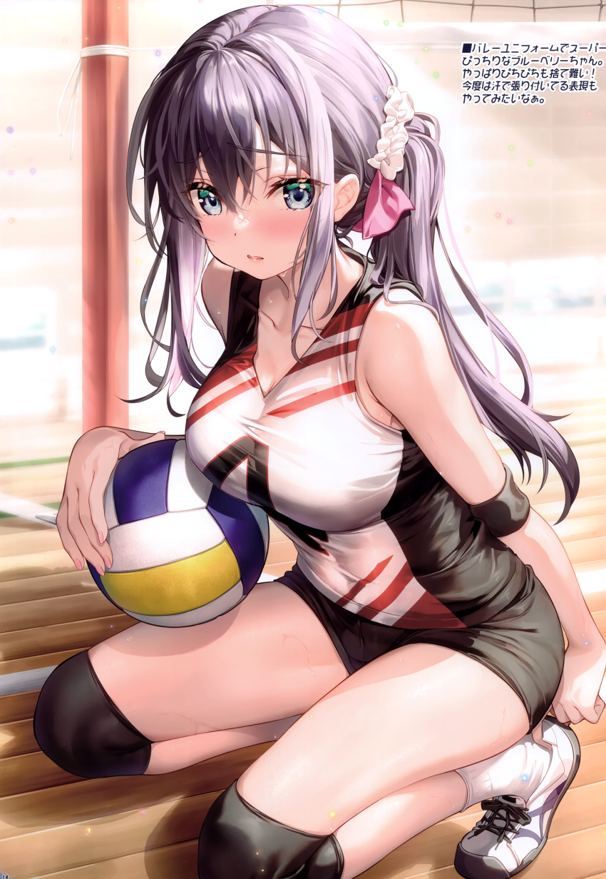 1girl absurdres armband bare_shoulders black_hair black_shorts blue_eyes breasts commentary_request covered_navel elbow_pads elbow_sleeve fujima_takuya hair_ornament hair_scrunchie highres knee_pads long_hair looking_at_viewer medium_breasts non-web_source one_side_up original scrunchie shirt shoes short_shorts shorts sidelocks sleeveless sleeveless_shirt sneakers socks solo sportswear squatting sweat thighs two-tone_shirt volleyball volleyball_uniform white_shirt white_socks