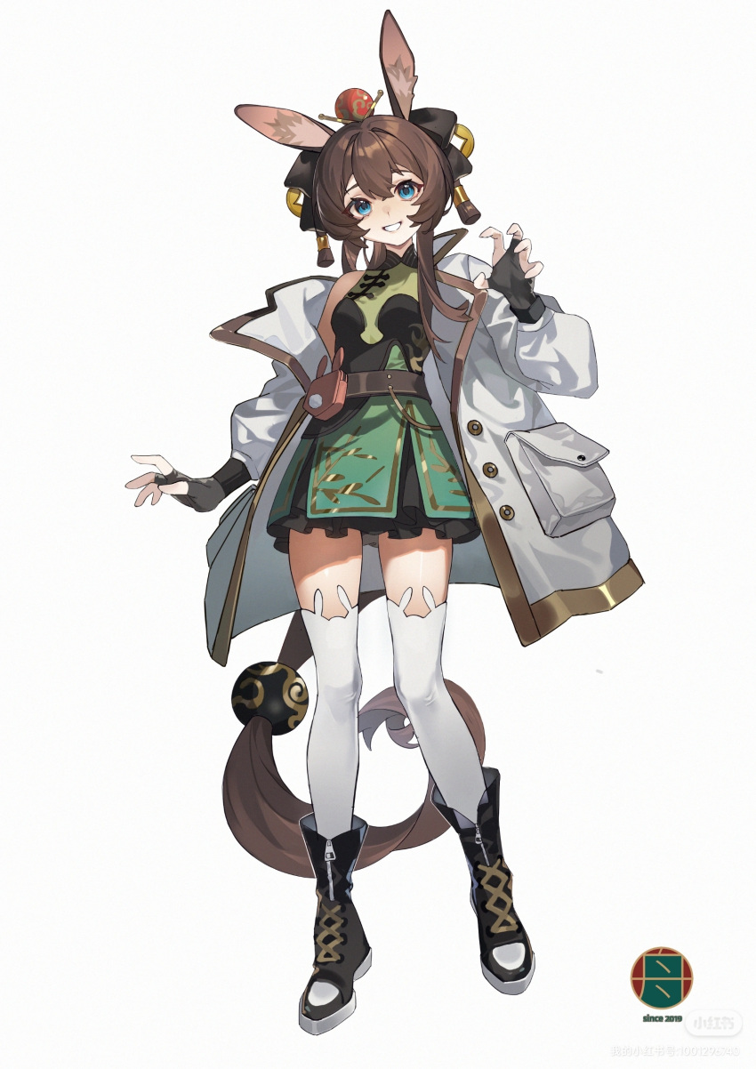 1girl absurdly_long_hair absurdres alternate_costume amiya_(arknights) animal_ear_legwear animal_ears arknights bare_shoulders black_bow black_dress black_footwear black_gloves blue_eyes boots bow breasts brown_hair claw_pose dress fingerless_gloves full_body gloves hair_bow hair_ornament highres jacket long_hair lushi_jin_up open_clothes open_jacket ponytail rabbit_ears rabbit_girl sidelocks sleeveless sleeveless_dress small_breasts solo standing tachi-e thighhighs very_long_hair white_jacket white_thighhighs