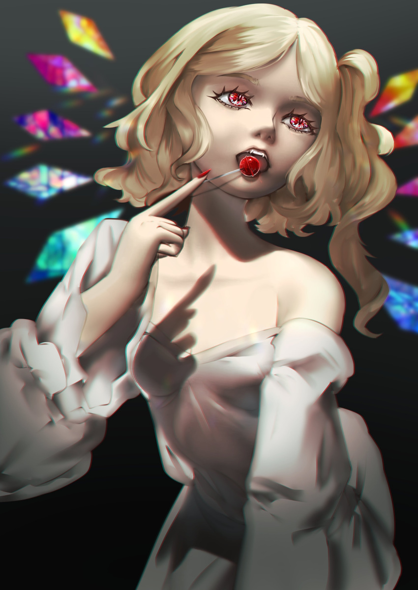 1girl absurdres alternate_costume bad_id bad_twitter_id bare_shoulders black_background blonde_hair blurry candy commentary crystal depth_of_field dress fingernails flandre_scarlet food highres holding holding_candy holding_food holding_lollipop lollipop long_fingernails medium_hair monstermix one_side_up open_mouth red_eyes red_nails solo touhou white_dress wings