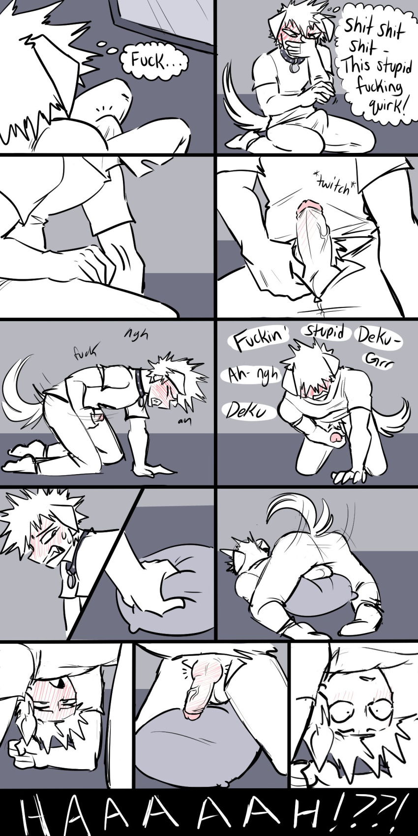 absurd_res animal_humanoid balls blush canid canid_humanoid canine canine_humanoid clothed clothing collar comic dog_humanoid english_text erection erection_under_clothing floppy_ears genitals grinding hi_res humanoid katsuki_bakugou knot male mammal mammal_humanoid masturbation my_hero_academia penile penile_masturbation penis pillow pillow_humping pretty_werewolf solo text thought_bubble