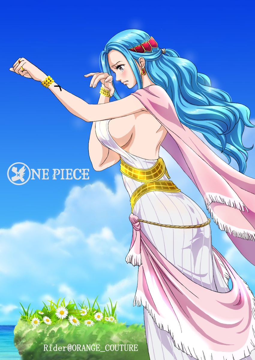 1girl arm_up artist_name backless_dress backless_outfit blue_hair blue_sky blush bracelet breasts cape copyright_name crying crying_with_eyes_open day dress earrings feet_out_of_frame flower from_side hair_ornament hand_up highres jewelry large_breasts long_hair nefertari_vivi one_piece outdoors pink_cape raida_(j5einmnjp3r49k6) ring sideboob sidelocks sky sleeveless sleeveless_dress solo tears white_dress white_flower
