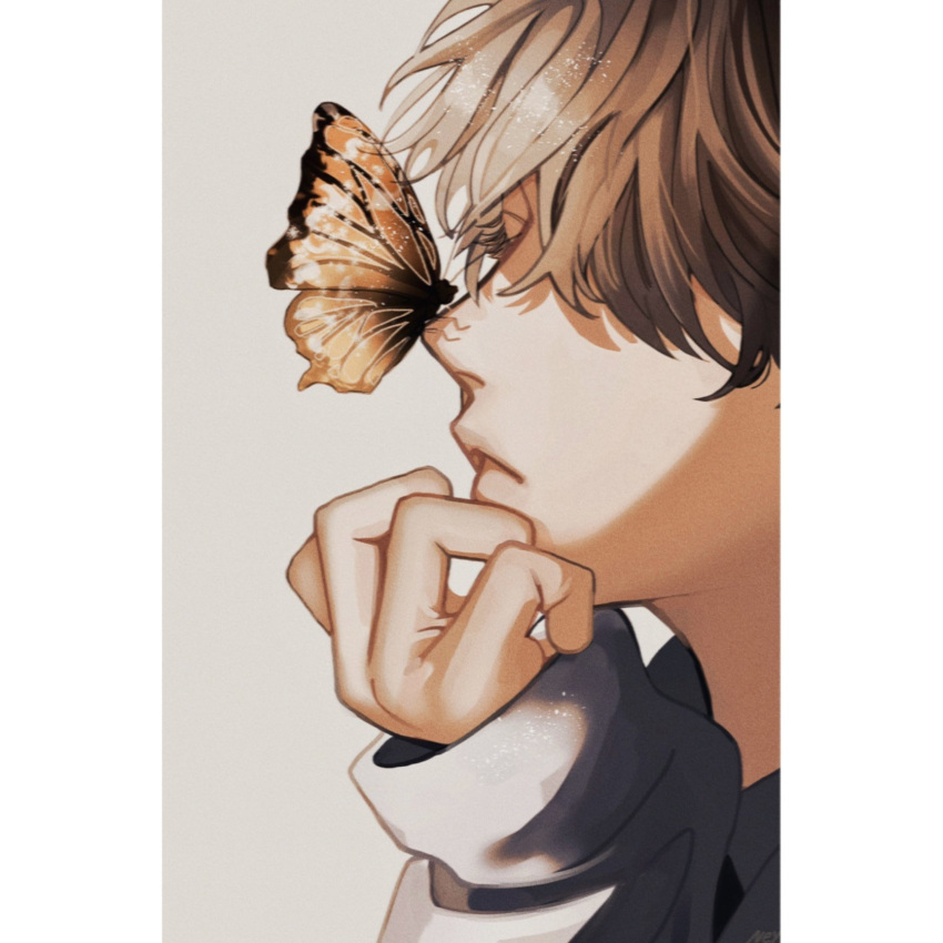 1boy brown_hair bug butterfly butterfly_on_face butterfly_on_nose cognacbear covered_eyes grey_background hair_between_eyes hand_on_own_chin highres long_sleeves male_focus orange_butterfly original short_hair solo sweater