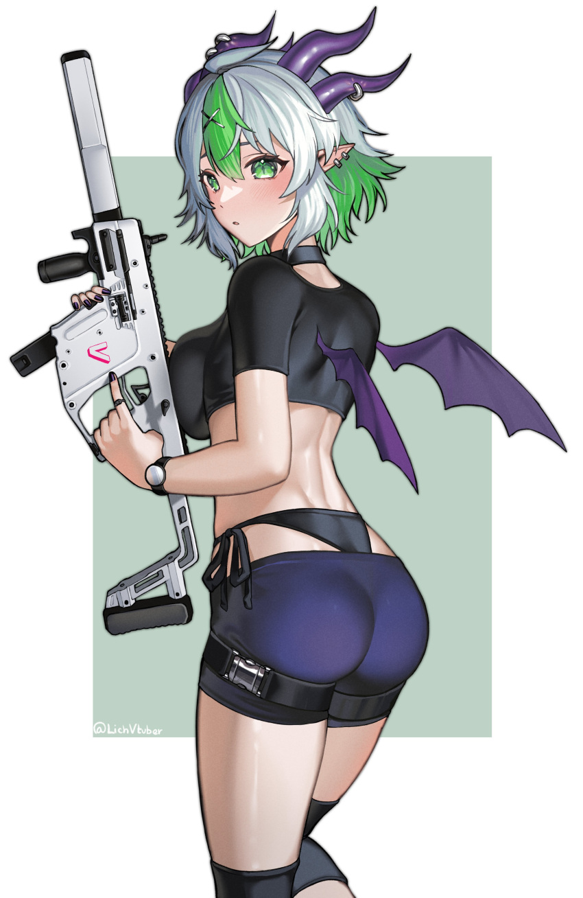 absurdres artist_name ass bat_wings black_nails black_panties black_shirt border breasts bsapricot bsapricot_(vtuber) crop_top green_background green_eyes green_hair grey_hair gun highres i_need_more_bullets_(meme) kriss_vector looking_back meme multicolored_hair panties purple_shorts shirt shorts submachine_gun two-tone_hair underwear vshojo weapon white_border wings