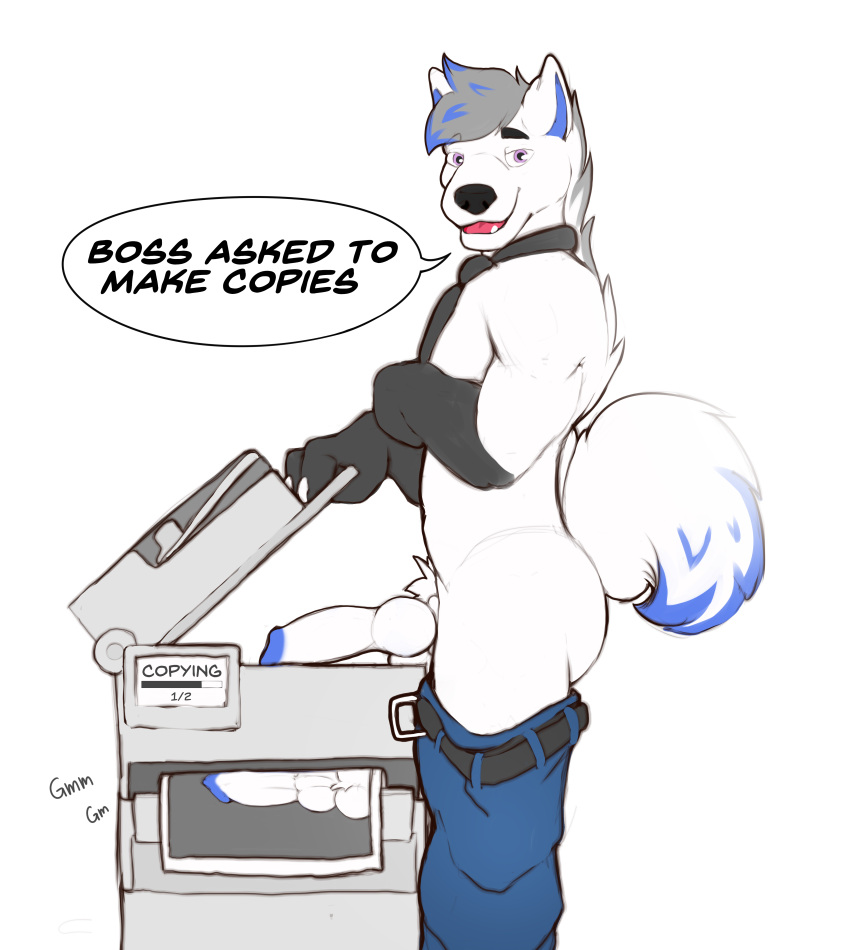 2023 absurd_res anthro balls business canid canine canis copy domestic_dog genitals hi_res kinktober kopkins male male/male mammal necktie nude office penis printer scanner solo warriorautobot wolf