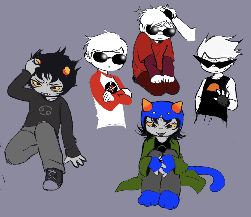 alien brother_(lore) brothers_(lore) clothed clothing dave_strider dirk_strider dokudrinker eyewear female group headpat hi_res homestuck human humanoid karkat_vantas male mammal ms_paint_adventures nepeta_leijon not_furry sibling_(lore) sunglasses troll_(homestuck) webcomic