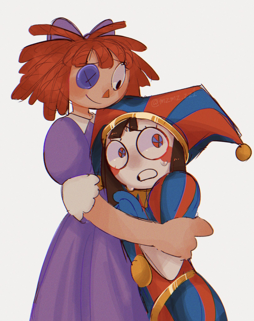 2girls blue_eyes blue_headwear blush_stickers bow brown_hair button_eyes dress hair_bow hat hat_bell highres hug jester jester_cap multicolored_clothes multicolored_eyes multicolored_headwear multiple_girls mzmzzz1 pomni_(the_amazing_digital_circus) puffy_short_sleeves puffy_sleeves purple_dress ragatha_(the_amazing_digital_circus) red_eyes red_hair red_headwear short_hair short_sleeves simple_background smile sweat the_amazing_digital_circus