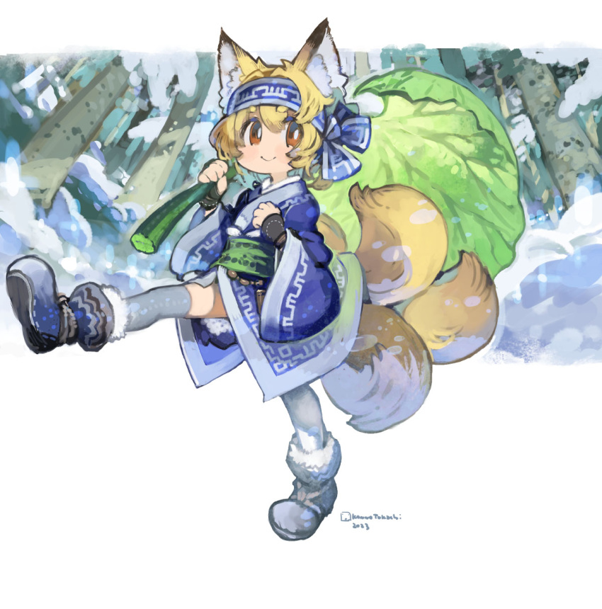 animal_ear_fluff animal_ears black_gloves blonde_hair blue_footwear blue_headband boots brown_eyes closed_mouth commentary_request fingerless_gloves fox_ears fox_girl fox_tail full_body gloves grey_thighhighs hair_between_eyes hair_intakes headband highres holding holding_leaf indie_virtual_youtuber kamiya_ris kitsune konno_takashi leaf leaf_umbrella long_sleeves looking_at_viewer shoe_soles short_eyebrows smile snow tail thick_eyebrows thighhighs thighhighs_under_boots virtual_youtuber walking wide_sleeves