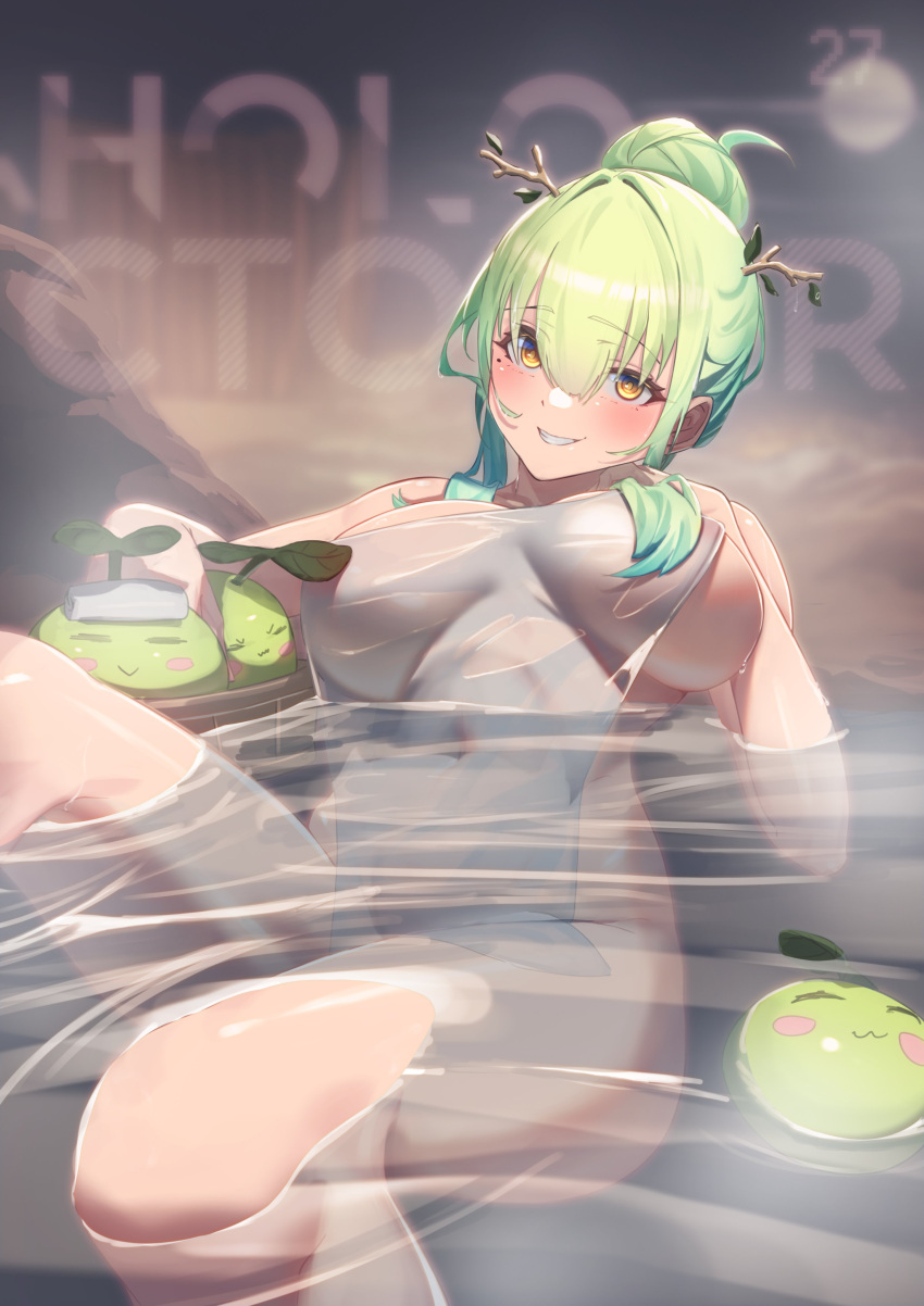 1girl :3 absurdres antlers bath bathing blush breasts ceres_fauna covering green_hair hair_between_eyes hair_bun hair_over_breasts highres hololive hololive_english in_water large_breasts leaf long_hair looking_at_viewer midorimae naughty_face navel nude_cover onsen partially_submerged sapling_(ceres_fauna) see-through smile solo steam thighs towel towel_on_head virtual_youtuber yellow_eyes