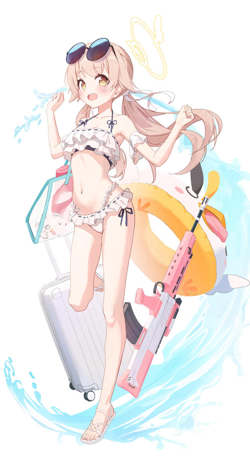 1girl absurdres arm_garter armpits assault_rifle bag bare_legs bare_shoulders bikini blonde_hair blue_archive bullpup eyewear_on_head feet frilled_bikini frills full_body gun halo halterneck hands_up hifumi_(blue_archive) hifumi_(swimsuit)_(blue_archive) highres innertube l85 leg_up legs long_hair looking_at_viewer low_twintails minn_(kangjm1107) navel official_alternate_costume open_mouth rifle rolling_suitcase round_eyewear sandals shoulder_bag solo standing standing_on_one_leg stomach string_bikini suitcase sunglasses swimsuit thighs toenails toes twintails weapon white_bikini yellow_eyes