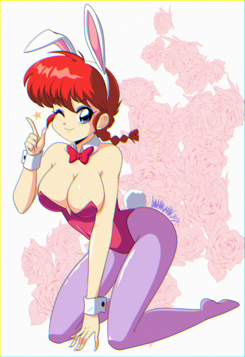 1girl absurdres animal_ears blue_eyes bow bowtie braid breasts cleavage closed_mouth danmakuman fake_animal_ears fake_tail highres kneeling large_breasts leotard looking_at_viewer one_eye_closed pantyhose playboy_bunny purple_pantyhose rabbit_ears rabbit_tail ranma-chan ranma_1/2 red_bow red_bowtie red_hair red_leotard smile solo tail wrist_cuffs