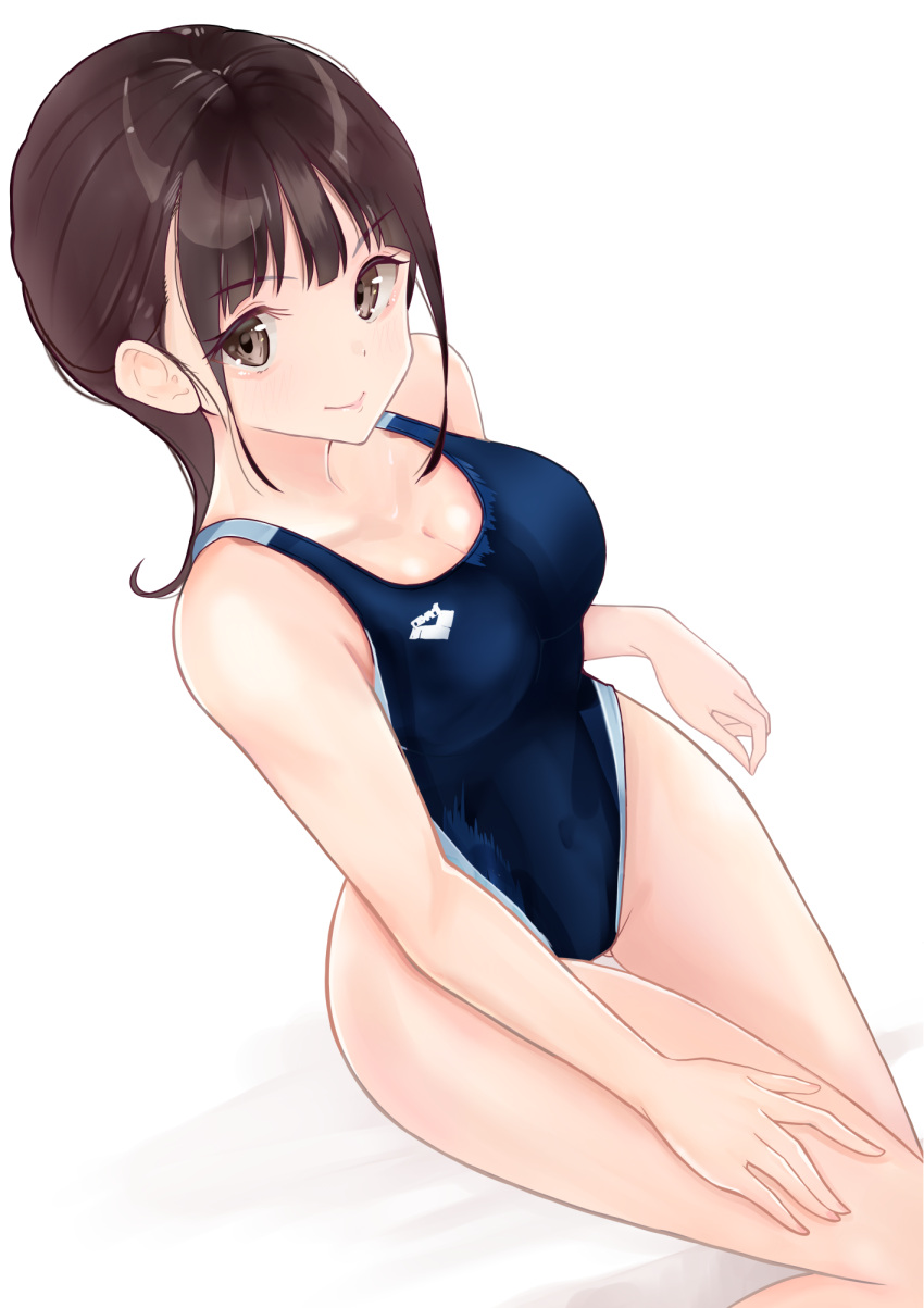 1girl :&gt; arena_(company) ass_visible_through_thighs blue_one-piece_swimsuit breasts brown_eyes brown_hair cleavage collarbone commentary_request competition_swimsuit covered_navel from_above hand_on_own_leg highleg highleg_swimsuit highres looking_at_viewer medium_hair nobita_(nbnobita) one-piece_swimsuit original sidelocks smile solo swimsuit thigh_gap white_background