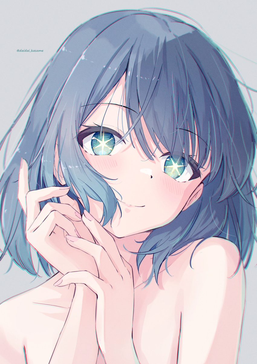 +_+ 1girl absurdres armpit_crease artist_name bare_shoulders blue_eyes blue_hair blurry blurry_background blush bob_cut clenched_hand close-up closed_mouth collarbone commentary daidai_(daidai826) gradient_eyes gradient_hair hair_between_eyes hair_over_shoulder head_tilt highres kurokawa_akane looking_at_viewer multicolored_eyes multicolored_hair nude oshi_no_ko own_hands_together purple_hair sidelocks simple_background smile solo star-shaped_pupils star_(symbol) swept_bangs symbol-shaped_pupils twitter_username v-shaped_eyebrows yellow_eyes