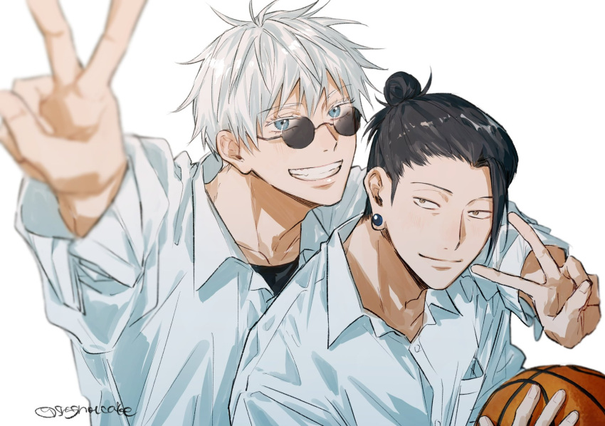 2boys arm_up ball basketball black_eyes black_hair blue_eyes closed_mouth collared_shirt ear_piercing getou_suguru gojou_satoru grin hair_bun hair_pulled_back highres holding holding_ball jujutsu_kaisen long_sleeves male_focus multiple_boys piercing round_eyewear shirt short_hair simple_background smile srnghotcake sunglasses teeth twitter_username upper_body v white_background white_hair white_shirt