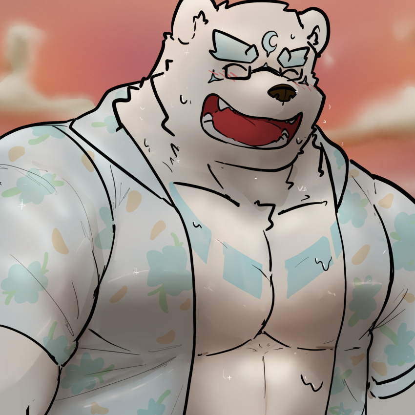 bear blush clothing eyewear fur glasses hi_res male mammal matsuri_shiroi matsurishiroii pecs polar_bear simple_background smile solo songkran ursine white_body white_fur