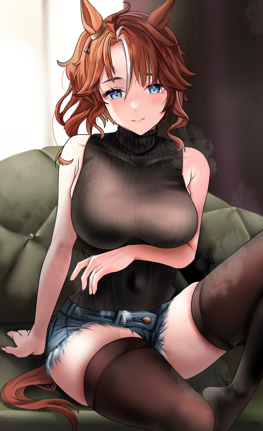 1girl absurdres animal_ears armpit_crease bare_shoulders black_sweater black_thighhighs blue_eyes blush breasts brown_hair closed_mouth commentary_request couch denim denim_shorts ear_ornament highres horse_ears horse_girl horse_tail indoors large_breasts looking_at_viewer medium_hair mejiro_palmer_(umamusume) multicolored_hair on_couch po_musubi shorts skindentation sleeveless sleeveless_turtleneck solo streaked_hair sweater tail thighhighs turtleneck turtleneck_sweater umamusume visible_air white_hair