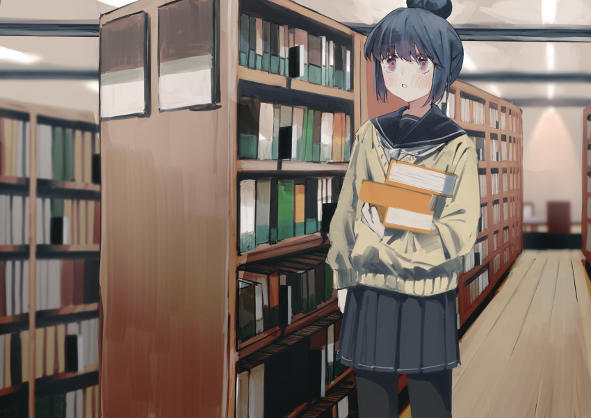 1girl absurdres black_hair black_pantyhose black_sailor_collar black_skirt blush book bookshelf highres holding holding_book leadin_the_sky library long_hair long_sleeves neckerchief open_mouth pantyhose pleated_skirt purple_eyes sailor_collar shima_rin skirt solo white_neckerchief yurucamp