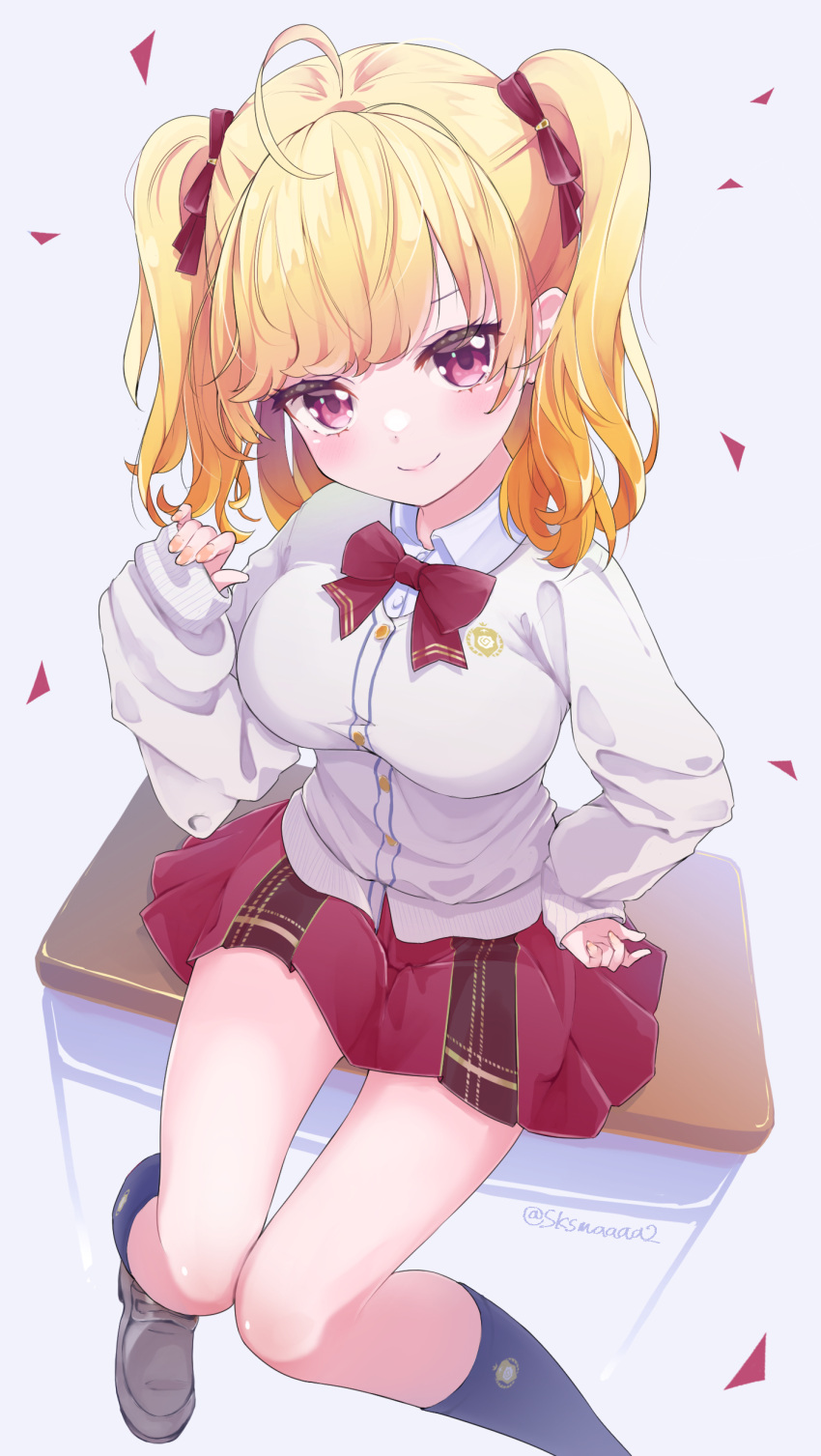 1girl absurdres black_socks blonde_hair bow bowtie brown_footwear cardigan collared_shirt commentary_request desk grey_cardigan highres loafers long_hair looking_at_viewer nijisanji on_desk pink_eyes red_bow red_bowtie red_skirt saka_(sksmaaaa2) school_desk shirt shoes sitting sitting_on_desk skirt socks solo takamiya_rion takamiya_rion_(6th_costume) twintails virtual_youtuber