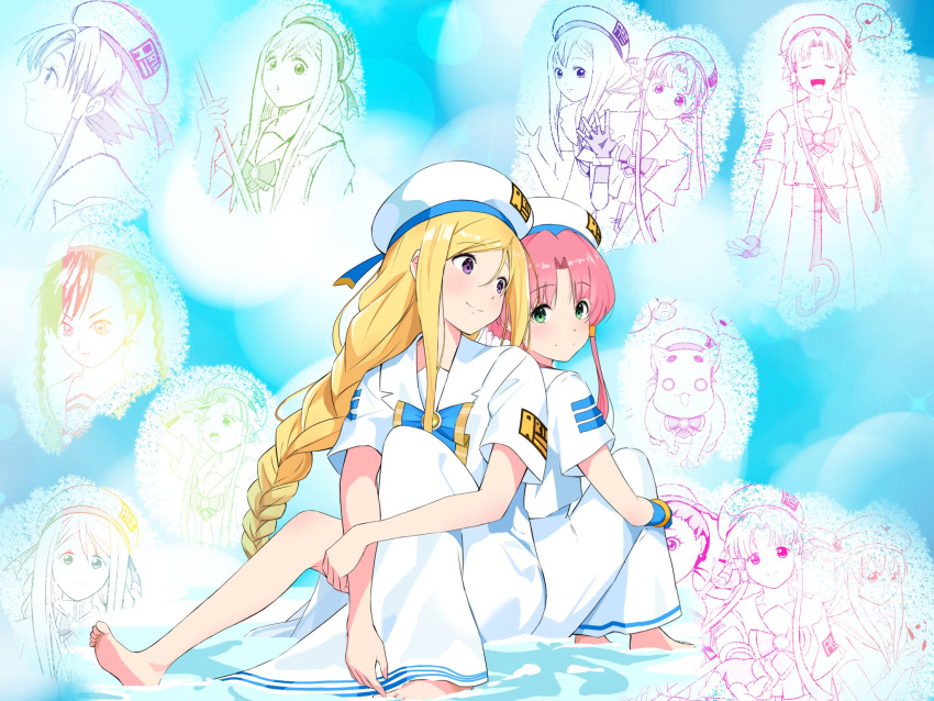 4girls aika_granzchesta alice_carroll alicia_florence andanden aria aria_company_uniform aria_pokoteng barefoot beret blonde_hair blue_bow blue_bowtie blue_gloves blush bow bowtie bracelet braid braided_ponytail closed_mouth commentary_request dress eyelashes feet full_body gloves green_eyes hair_between_eyes hair_tubes hat hat_ribbon highres jewelry knees_up lens_flare long_hair looking_at_another looking_at_viewer looking_back mizunashi_akari multiple_girls multiple_views musical_note on_ground open_mouth outdoors parted_bangs partially_submerged ponytail portrait purple_eyes ribbon short_hair_with_long_locks short_sleeves side_slit sidelocks sitting smile spoken_musical_note standing toes undine_(aria) white_dress white_headwear