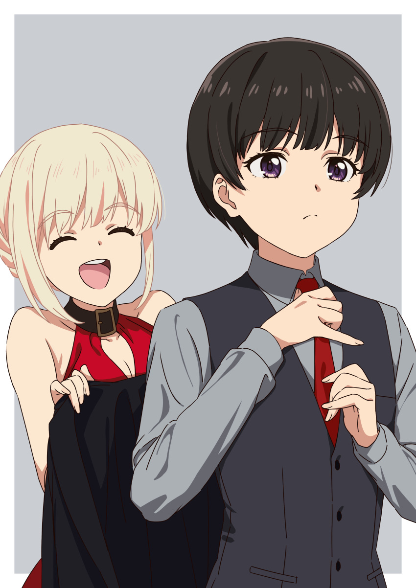 2girls :d absurdres adjusting_clothes adjusting_necktie asada7101 bare_shoulders black_hair blonde_hair closed_eyes closed_mouth collared_shirt dress grey_background grey_shirt highres inoue_takina lycoris_recoil multiple_girls necktie nishikigi_chisato purple_eyes red_dress red_necktie shirt short_hair simple_background smile upper_body vest