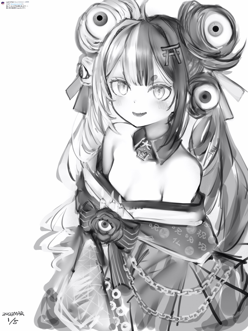 1girl absurdres chain dated detached_collar dress extra_eyes fang flat_chest greyscale hair_bun hair_ornament highres monochrome nanashi_(nlo) off-shoulder_dress off_shoulder open_mouth original quad_bun short_eyebrows smile solo translation_request twintails upper_body