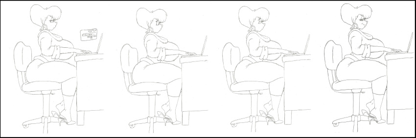 absurd_res anthro big_breasts breasts butt canid canine chair clothed clothing computer disney ear_piercing female footwear furniture goof_troop hi_res high_heels huge_breasts krocialblack looking_at_viewer mammal mature_anthro mature_female office_chair peg_pete piercing solo