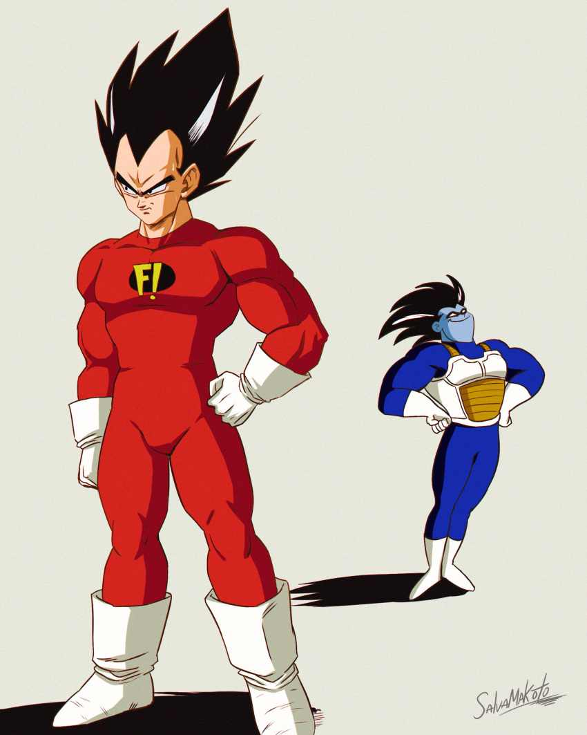 2boys absurdres armor black_eyes black_hair blue_skin bodysuit boots colored_skin commentary_request cosplay costume_switch crossover dragon_ball dragon_ball_z freakazoid freakazoid! freakazoid_(cosplay) frown furrowed_brow gloves hand_on_own_hip hands_on_own_hips highres male_focus multiple_boys muscular muscular_male red_bodysuit salvamakoto signature smile spanish_commentary sweatdrop vegeta vegeta_(cosplay) white_footwear white_gloves widow's_peak