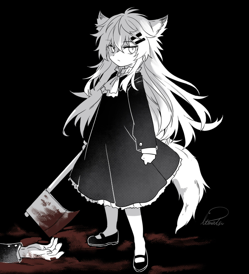 1girl 1other aged_down ambiguous_gender animal_ear_fluff animal_ears antenna_hair arknights artist_name ascot axe blood blood_on_hands blood_on_weapon blood_splatter buttons closed_mouth commentary_request dress expressionless frilled_dress frilled_shirt_collar frills from_side full_body greyscale hair_between_eyes hair_ornament hairclip halftone high_collar highres holding holding_axe holding_weapon implied_death invisible_floor itonatsu lappland_(arknights) layered_sleeves long_hair looking_at_viewer looking_to_the_side messy_hair monochrome out_of_frame shadow shirt shoes signature simple_background sleeve_cuffs solo_focus spot_color standing tail weapon wide_sleeves wolf_ears wolf_girl wolf_tail