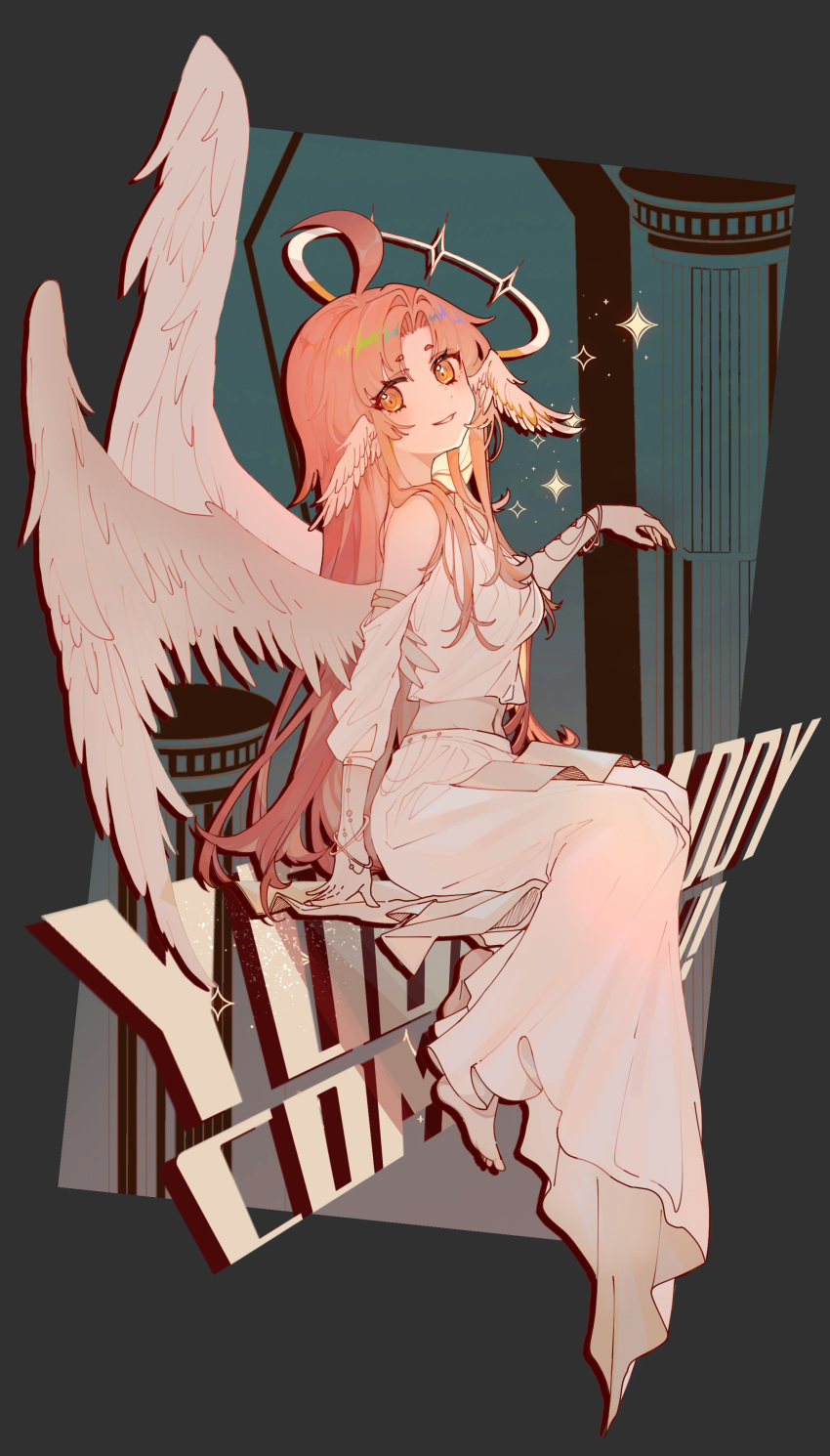 1girl absurdres angel_wings dress feihan981 full_body highres original pink_hair smile solo white_dress white_wings wings