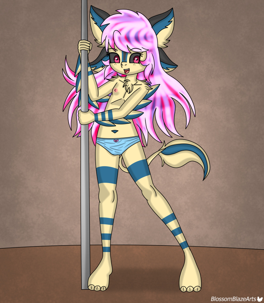 absurd_res anthro avali blossomblaze chest_fur clothing fan_character feathers female freckles hair hi_res long_ears long_hair long_tail looking_at_viewer nipples open_mouth panties pole pose solo spread_legs spreading tail underwear