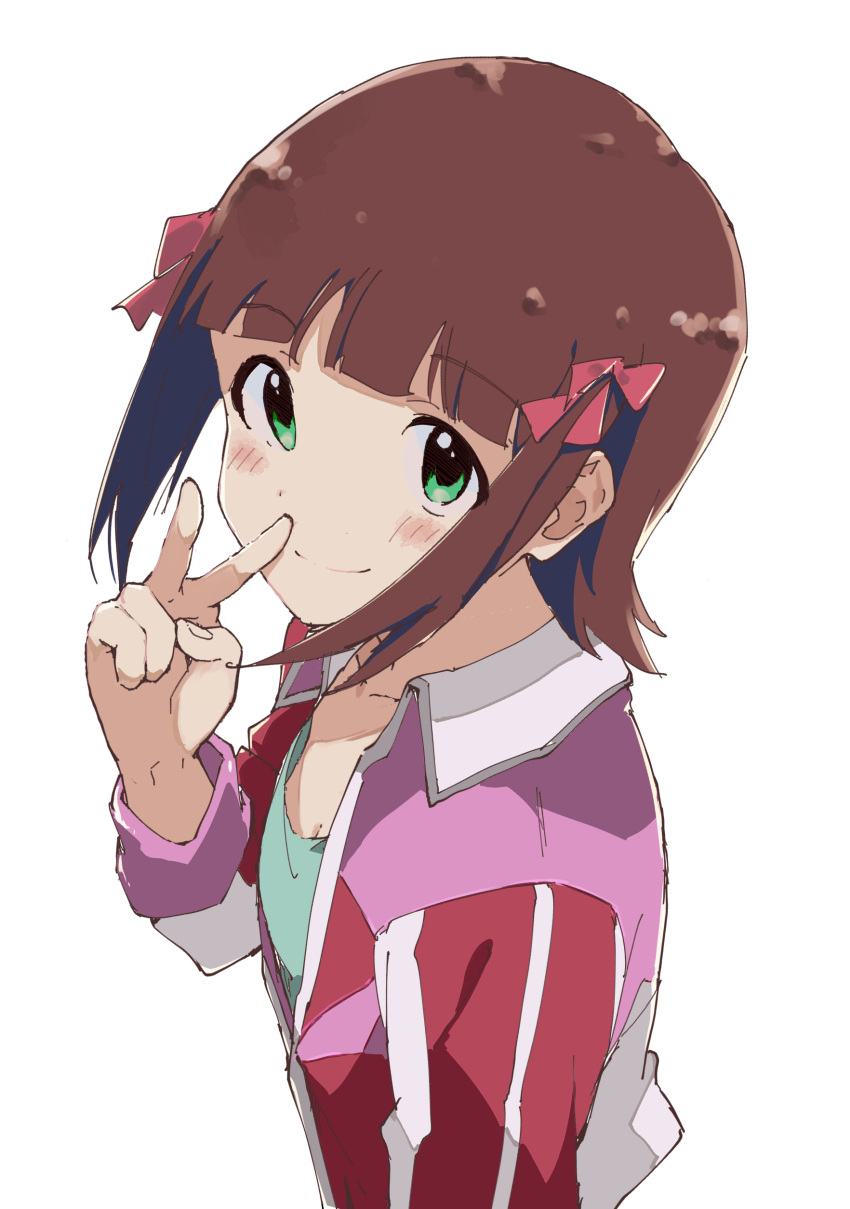 1girl absurdres amami_haruka blush bow breasts brown_hair cleavage closed_mouth collarbone dot_nose from_side green_eyes green_shirt hair_bow hair_ribbon hand_up highres idolmaster idolmaster_(classic) idolmaster_million_live! idolmaster_million_live!_theater_days jacket long_sleeves looking_at_viewer medium_breasts rauto red_jacket red_ribbon ribbon shirt short_hair simple_background smile solo track_jacket v white_background