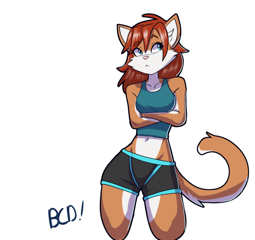 amber_(bluecoffeedog) anthro blue_eyes bluecoffeedog boxer_briefs clothing crossed_arms domestic_cat felid feline felis female fur hair hairstyle_change hi_res mammal orange_body orange_fur pajamas pose red_hair solo underwear